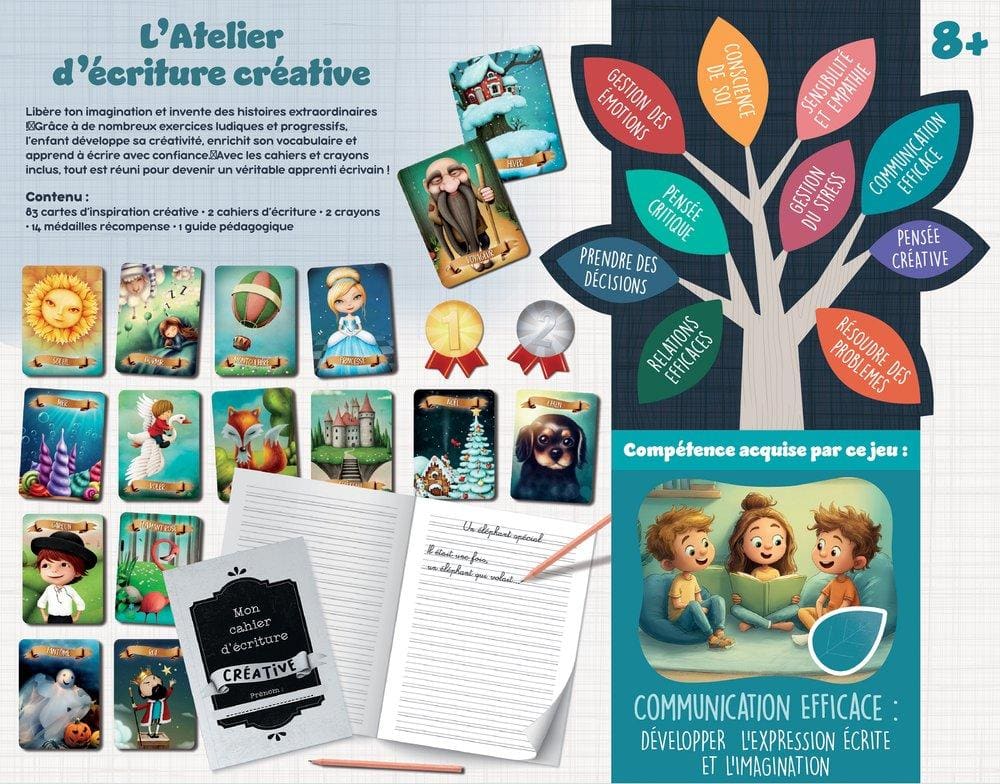 Activité d'écriture créative pour enfants avec images, cahiers, et outils d'apprentissage, favorisant la créativité et la prise de décision.