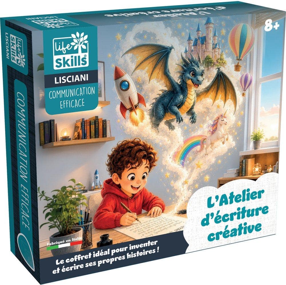 Jeune garçon créant une histoire fantastique avec un dragon, un château et un arc-en-ciel dans une chambre lumineuse.