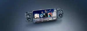 Console portable de jeu avec écran tactile et manettes intégrées, idéale pour les gamers en déplacement.