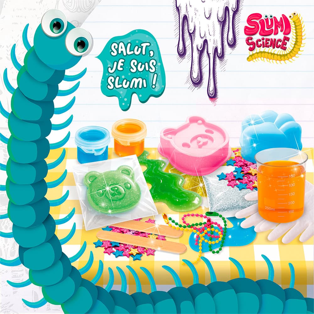 Kit d'expériences Slime Science avec divers ingrédients colorés et accessoires pour créer du slime, idéal pour stimuler la créativité et l'apprentissage des enfants.