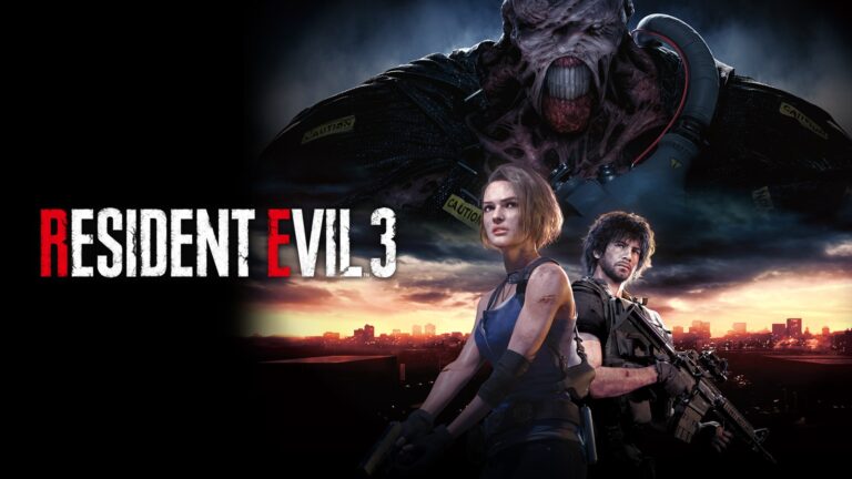 Personnages principaux de Resident Evil 3 sur Switch 2, avec une menace zombifiée en arrière-plan.