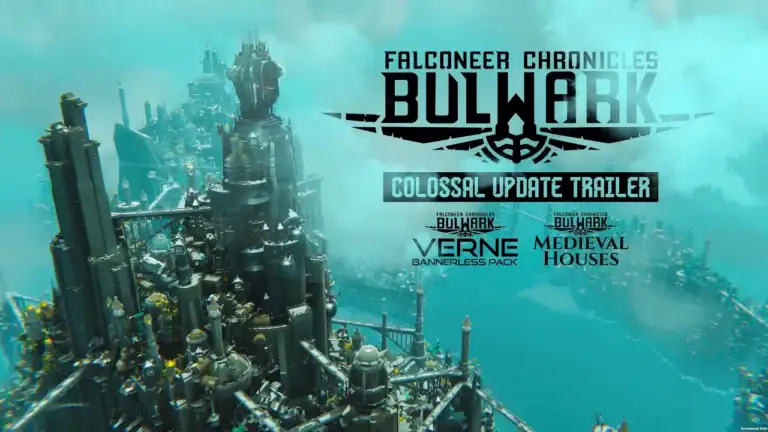 Capture d'écran du trailer du DLC Bulwark pour Falconeer Chronicles avec une ville flottante futuriste en arrière-plan.