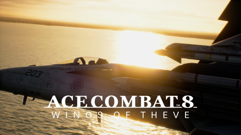 F-16 fighter jet en vol au coucher du soleil, symbolisant la puissance aérienne dans le jeu Ace Combat 8.