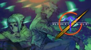 Illustration de style anime pour le jeu Bird Age, montrant deux personnages assis avec un fond coloré et un logo de jeu.