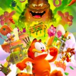 Garfield et ses amis dans une scène colorée d’animation: action, explosions de confettis et objets volants autour d’un personnage orange souriant.