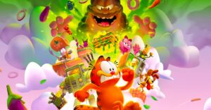 Garfield et ses amis dans une scène colorée d’animation: action, explosions de confettis et objets volants autour d’un personnage orange souriant.