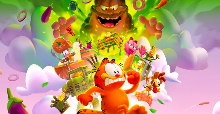 Garfield et ses amis dans une scène colorée d’animation: action, explosions de confettis et objets volants autour d’un personnage orange souriant.