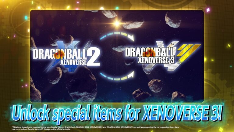 Image présentant Dragon Ball XENOVERSE 2 et XENOVERSE 3 avec textes et nébuleuses spatiales.