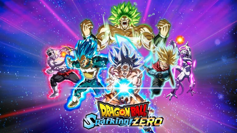 Image de personnages de Dragon Ball Sparking! ZERO avec Goku, Vegeta, Broly et d'autres en action dans un décor cosmique coloré.