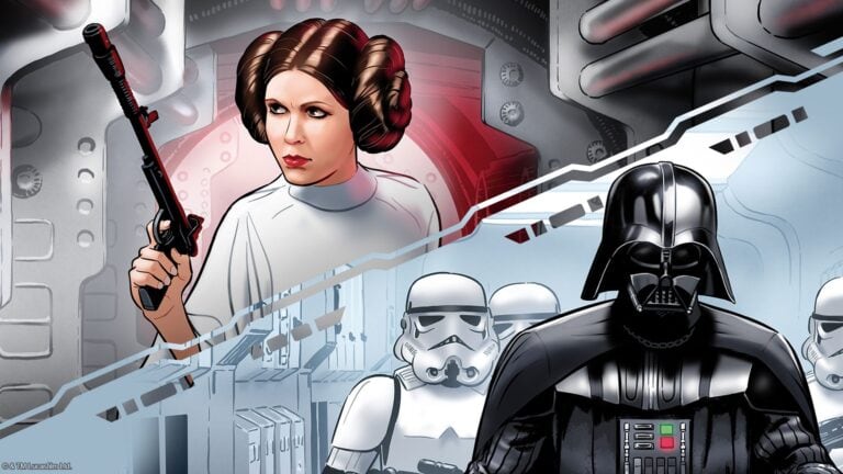 Personnage féminin avec casque et arme laser dans un décor futuriste, entourée de stormtroopers et de Darth Vader, dans un style de jeu vidéo de science-fiction.