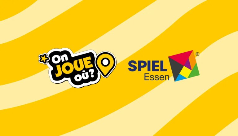 Logo de l'événement On Joue Où ? lors du salon Essen 2026, avec le logo SPIEL Essen et un fond jaune rayé.