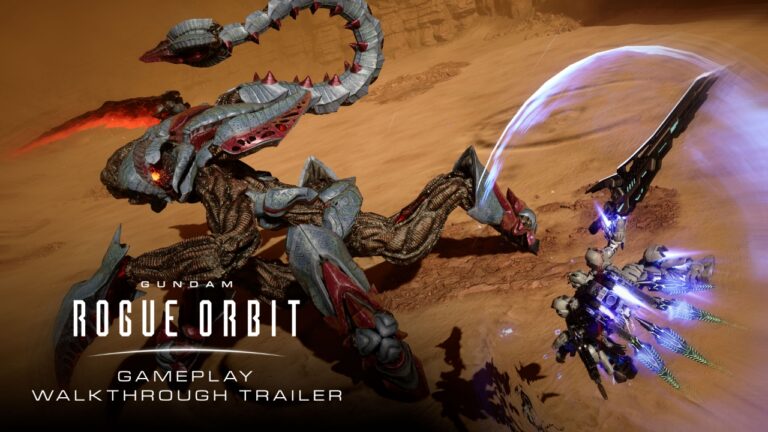Gundam Rogue Orbit en action avec un robot géant et un vaisseau spatial dans un décor désertique futuriste.