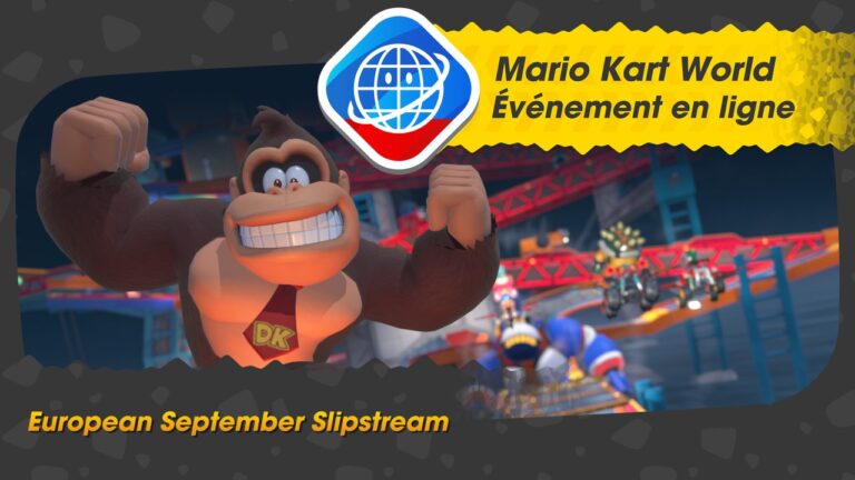 Image promotionnelle de Mario Kart World pour l'événement en ligne européen de septembre avec Donkey Kong et autres personnages.