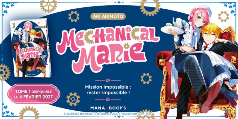 Personnages de Mechanical Marie, une gouvernante dans un style manga coloré, assis sur un fauteuil avec un décor mécanique en arrière-plan.