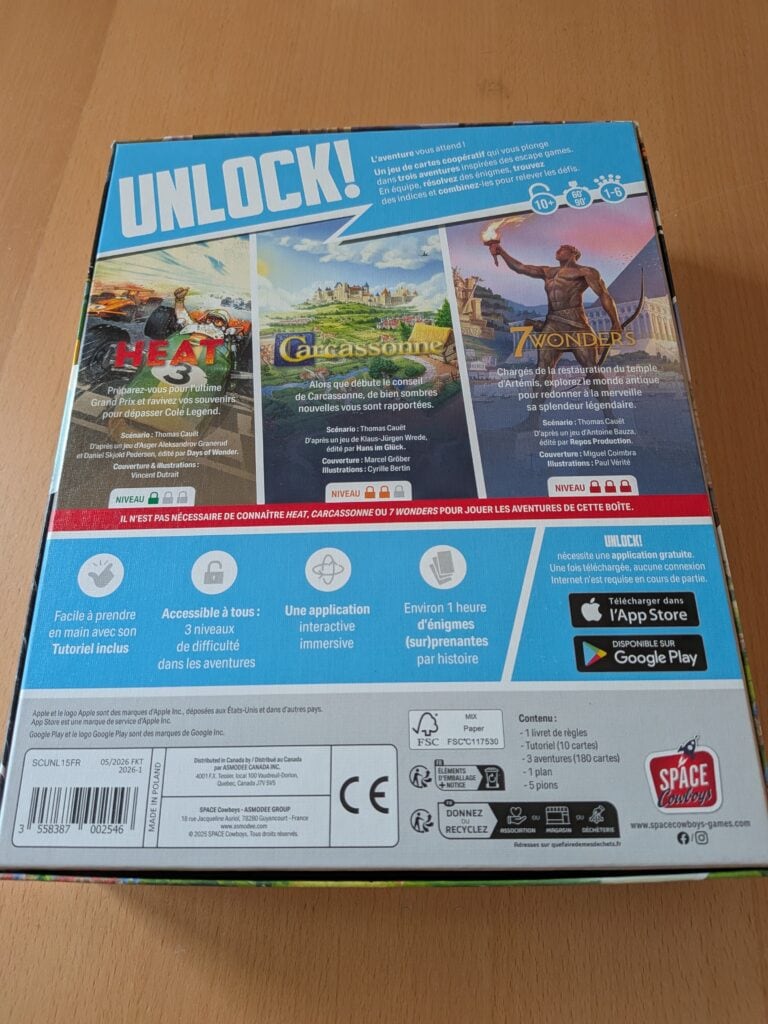Boîte du jeu Unlock! avec illustrations de jeux et fonctionnalités clés pour les amateurs de jeux de société.