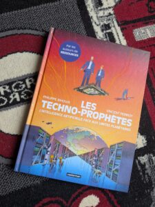 Couverture du livre Les Techno-prophètes par Philippe Bihouix et Vincent Perriot, édition Casterman, sur fond orange et violet avec des silhouettes humaines et un globe stylisé.
