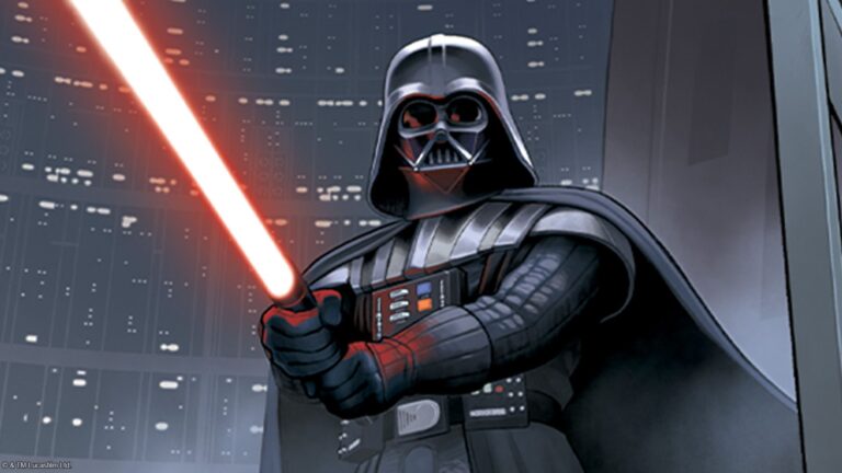 Darth Vader, personnage emblématique de Star Wars, brandissant un sabre laser rouge dans une scène sombre et futuriste.