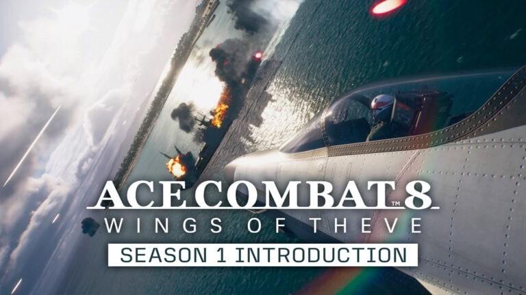 Capture d'écran d'un avion de combat dans ACE COMBAT 8 avec un incendie en arrière-plan.