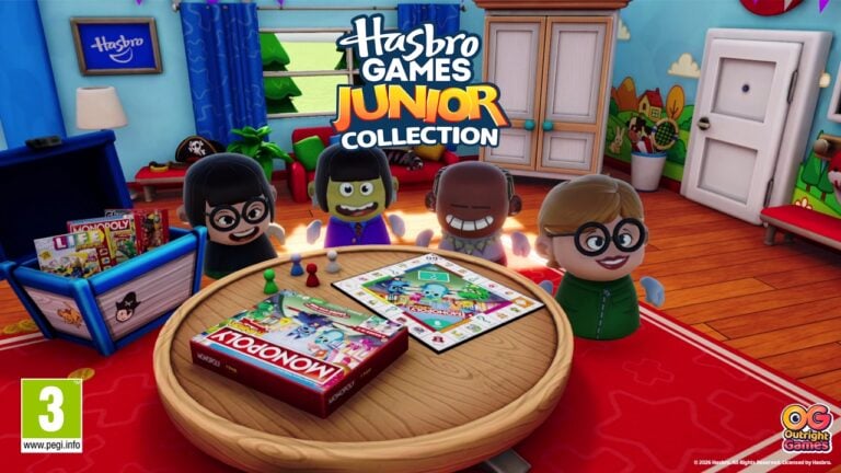 Jeux de société pour enfants de la collection Hasbro Games Junior, avec des personnages en plastique autour d'une table dans une pièce colorée.