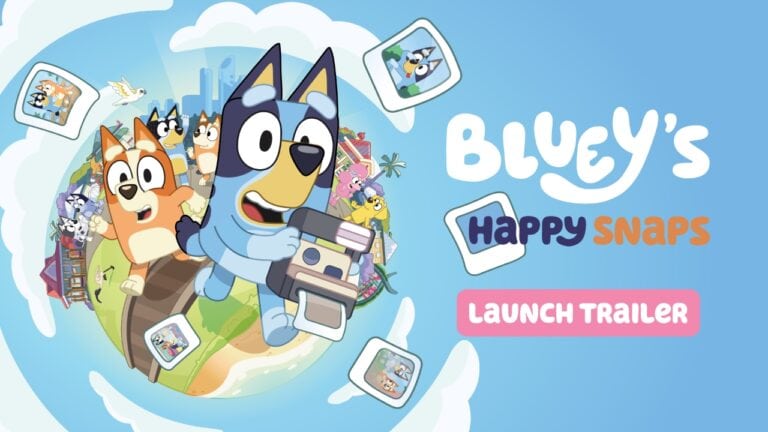 Bluey, personnage principal, avec ses amis dans un décor coloré de jeu vidéo, promotion du lancement de Bluey's Happy Snaps sur consoles et PC.